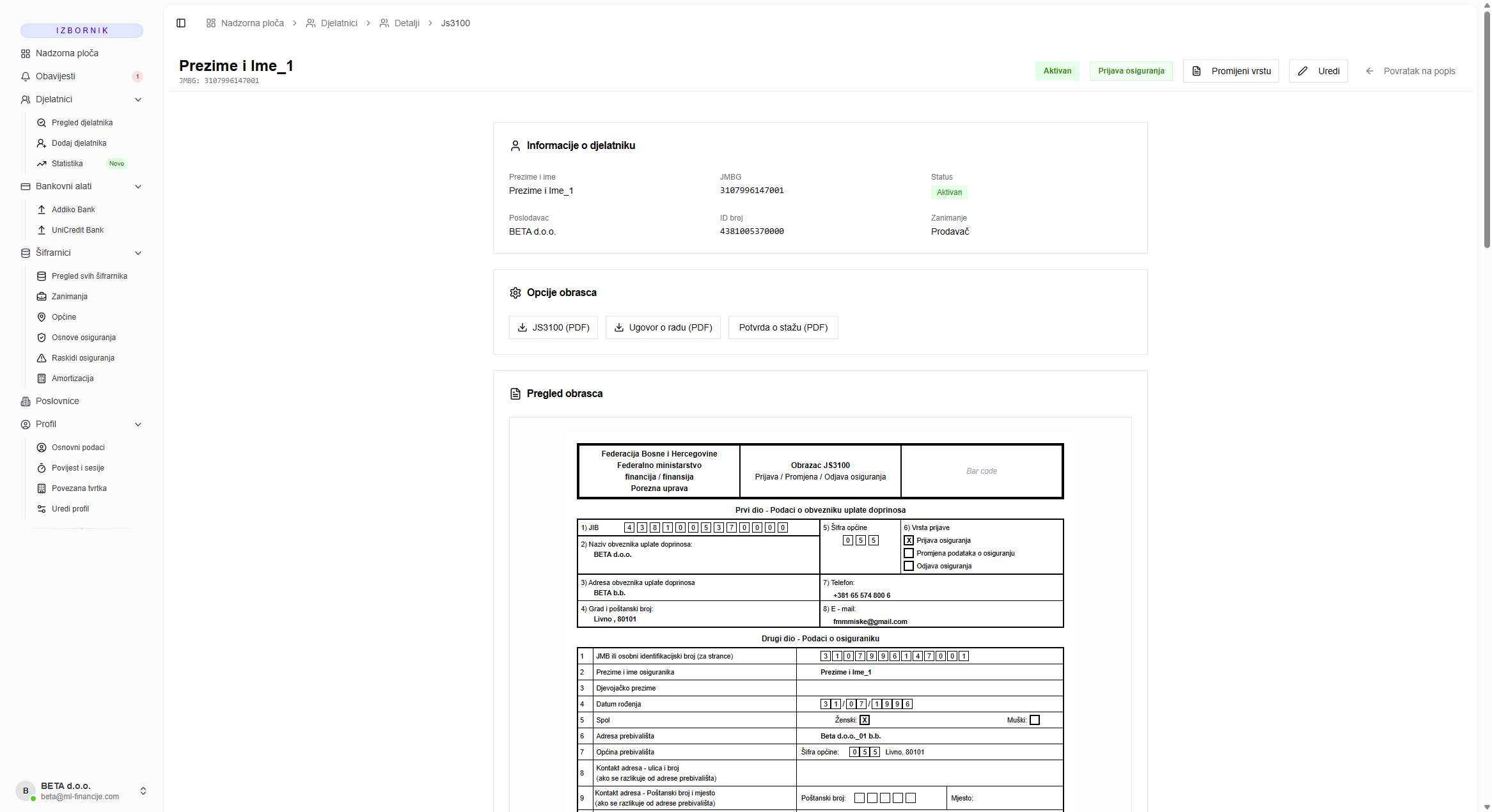 Prijava djelatnika (JS3100)
